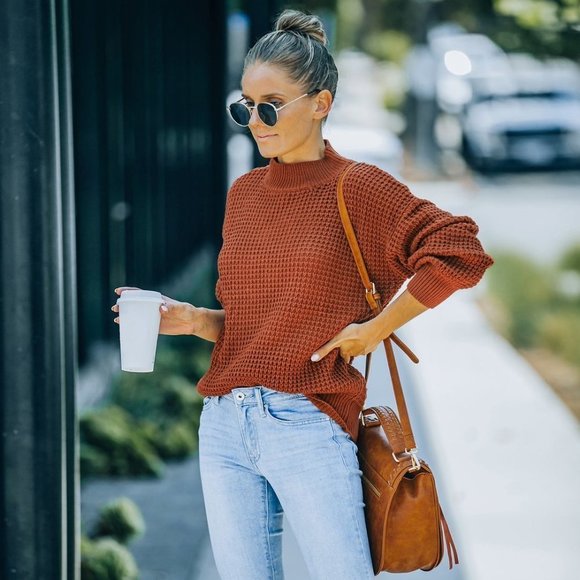 NEW Mock Neck Waffle Knit Sweater- Clay - Picture 2 of 2